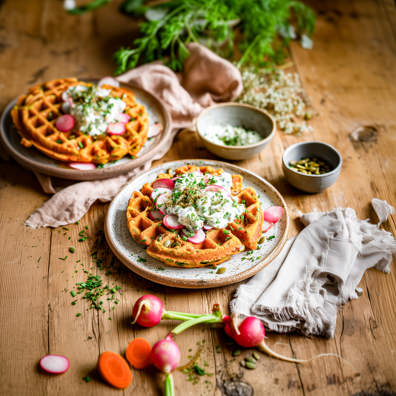 Zwei herzhafte Waffeln mit Kräutercreme, Radieschen und Kürbiskernen auf rustikalem Holztisch angerichtet