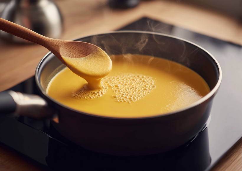 Cremige gelbe Suppe wird in einem Topf auf dem Herd mit einem Holzlöffel gerührt.