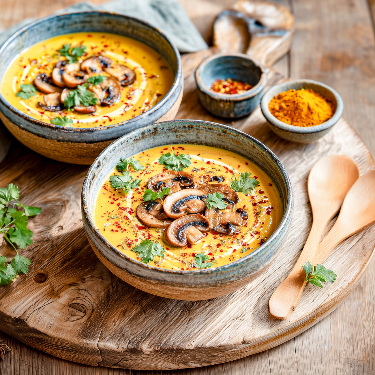 Zwei Schalen cremige Kürbissuppe mit Champignons, Petersilie und Chili auf rustikalem Holzbrett angerichtet