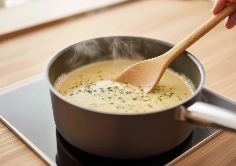 Ein Topf mit cremiger Suppe steht auf einem eingeschalteten Kochfeld. Die Suppe wird mit einem Holzlöffel umgerührt, während Dampf aufsteigt.