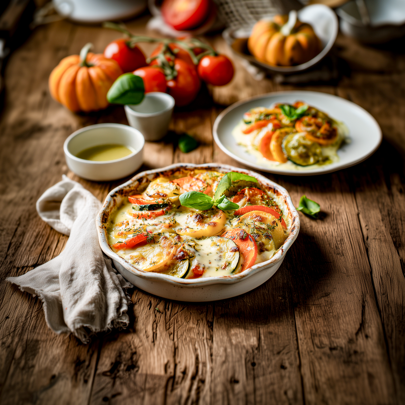 Auflauf mit Tomaten, Zucchini und Käse in einer weißen Form auf rustikalem Holztisch, garniert mit Basilikum