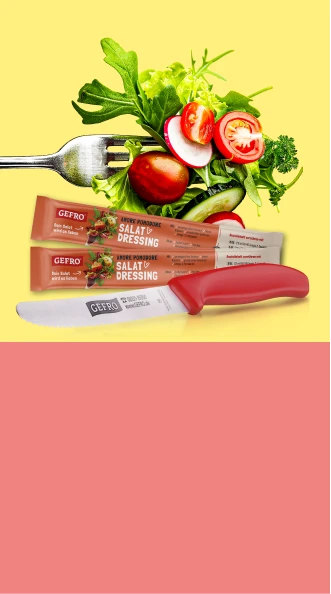 „Werbebanner mit GEFRO Salat-Dressing-Sticks und einem roten Tomatenmesser vor einer Salatgabel mit frischem Gemüse 