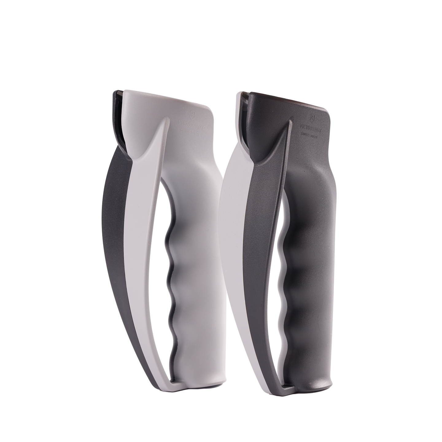 Zwei manuelle Messerschärfer in Grau und Schwarz mit ergonomischem Griff für das schnelle Schärfen von Küchenmessern