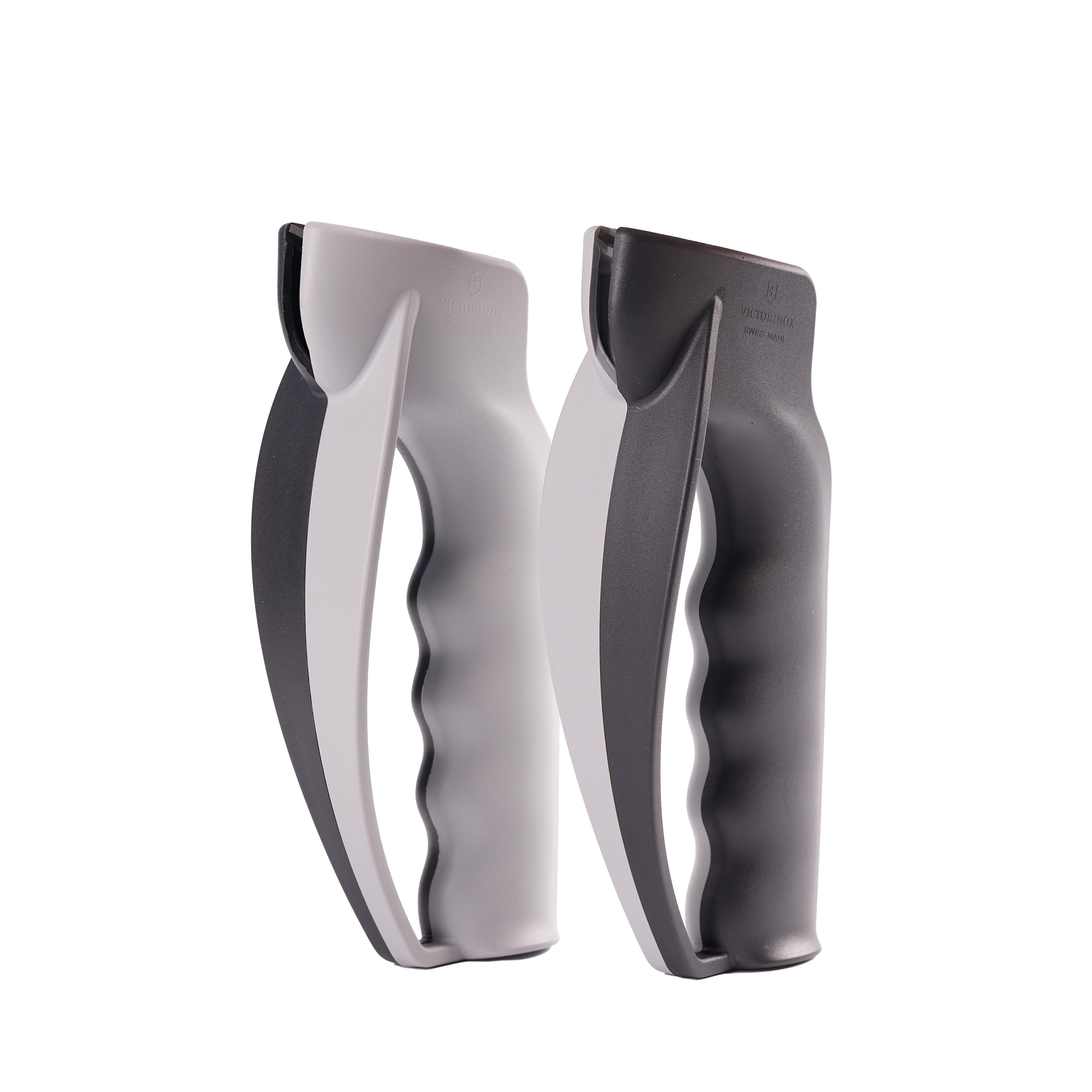 Zwei manuelle Messerschärfer in Grau und Schwarz mit ergonomischem Griff für das schnelle Schärfen von Küchenmessern