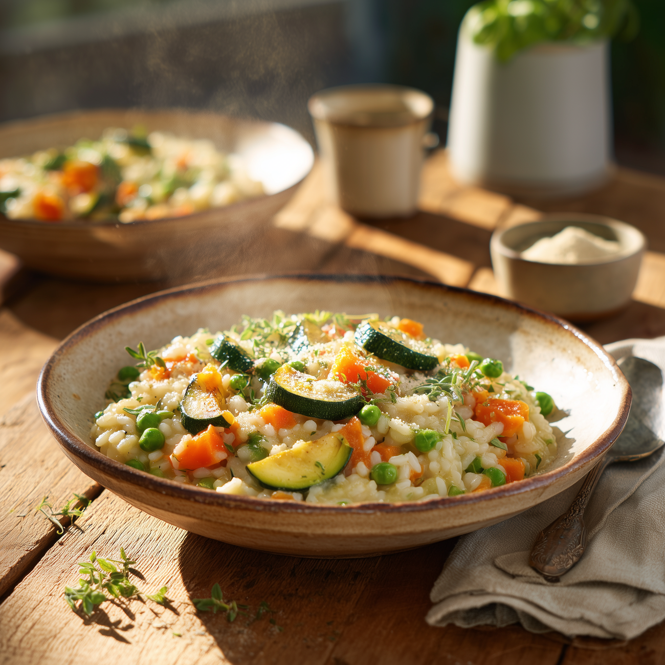 Cremiges Gemüserisotto mit Zucchini, Erbsen und Kürbis in einer Schale auf rustikalem Holztisch.