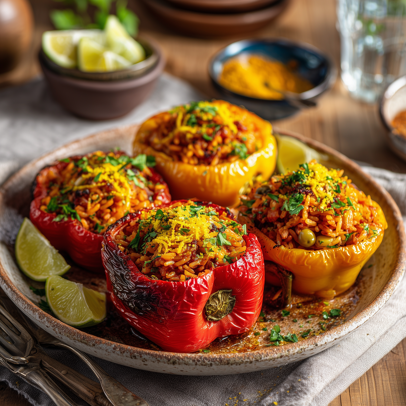 Vier gefüllte Paprika mit Reis und Kräutern auf einem Teller, serviert mit Limettenspalten.