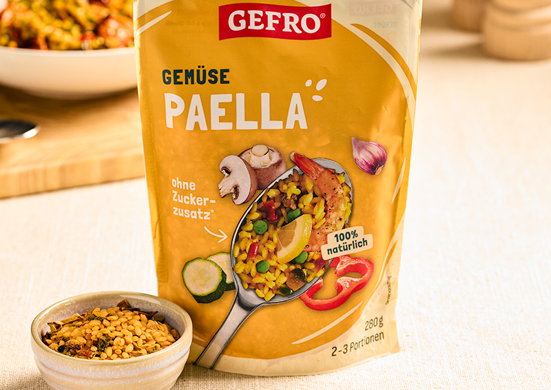 GEFRO Gemüse Paella im Standbeutel, 280 g für 2–3 Portionen, mit Hinweis auf ohne Zuckerzusatz und 100 % natürlich