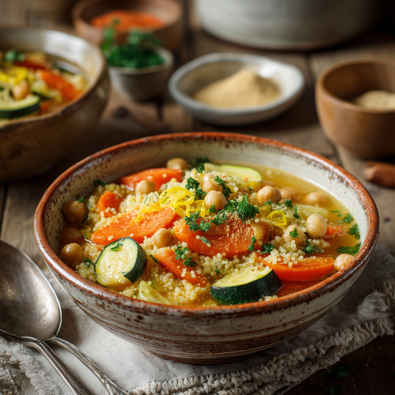 Schüssel mit Couscous, Kichererbsen, Karotten und Zucchini in Brühe, serviert auf rustikalem Holztisch