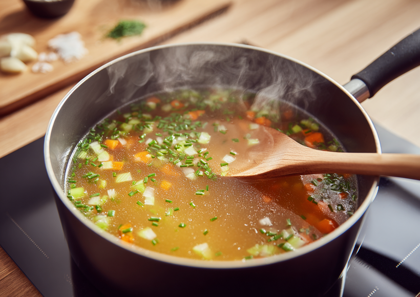 Ein Topf mit klarer Gemüsesuppe steht auf einem Herd. Die Suppe mit klein geschnittenem Gemüse und Kräutern wird mit einem Holzlöffel umgerührt, während Dampf aufsteigt.