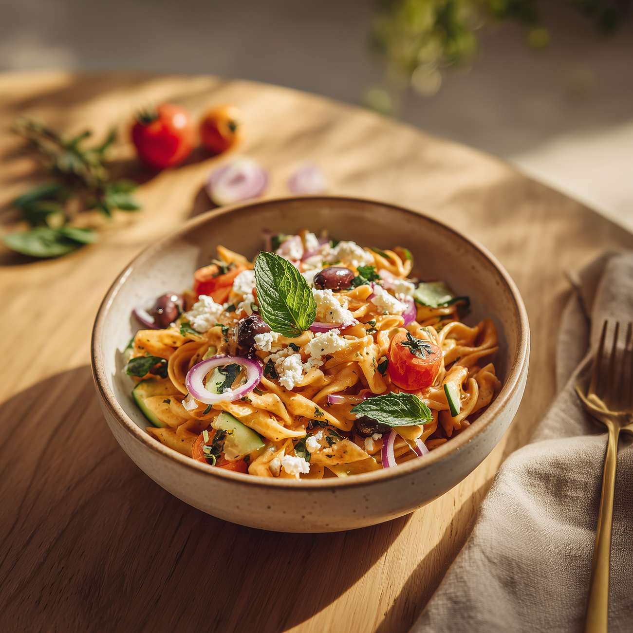 Schale mit Bandnudeln in cremiger Sauce, garniert mit Tomaten, Gurke, roten Zwiebeln, Oliven und Käse.