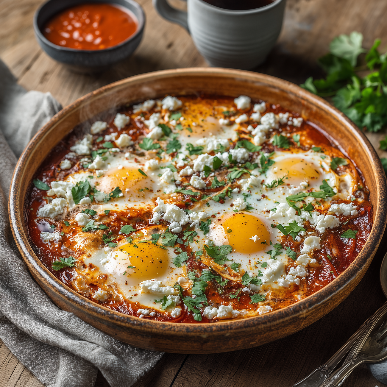 Schale mit Eiern in Tomatensauce, garniert mit Kräutern und weißem Käse, servierfertig auf Holztisch