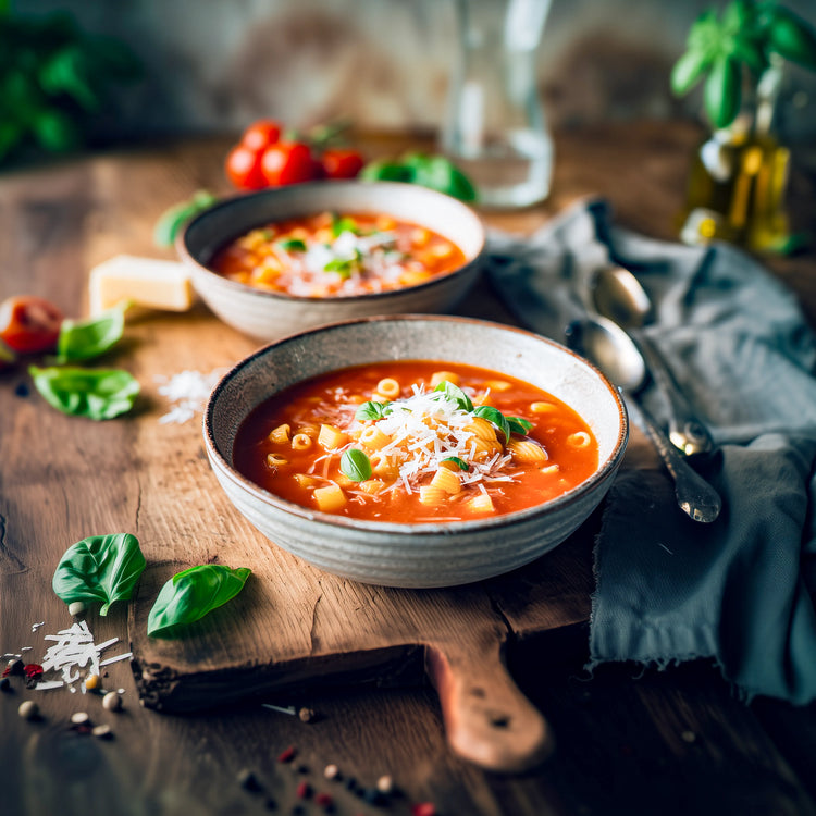 Zwei Schalen Tomatensuppe mit Nudeln, geriebenem Käse und Basilikum auf rustikalem Holztisch angerichtet
