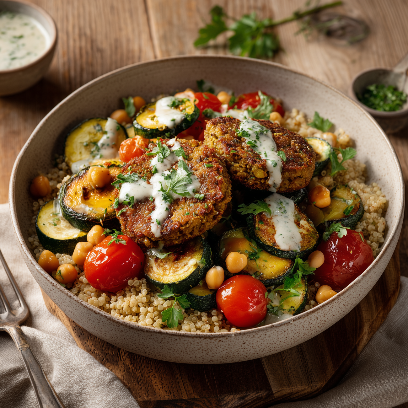 Schüssel mit Quinoa, gebratenen Gemüsebällchen, Zucchini, Kichererbsen und Tomaten mit Kräutersoße