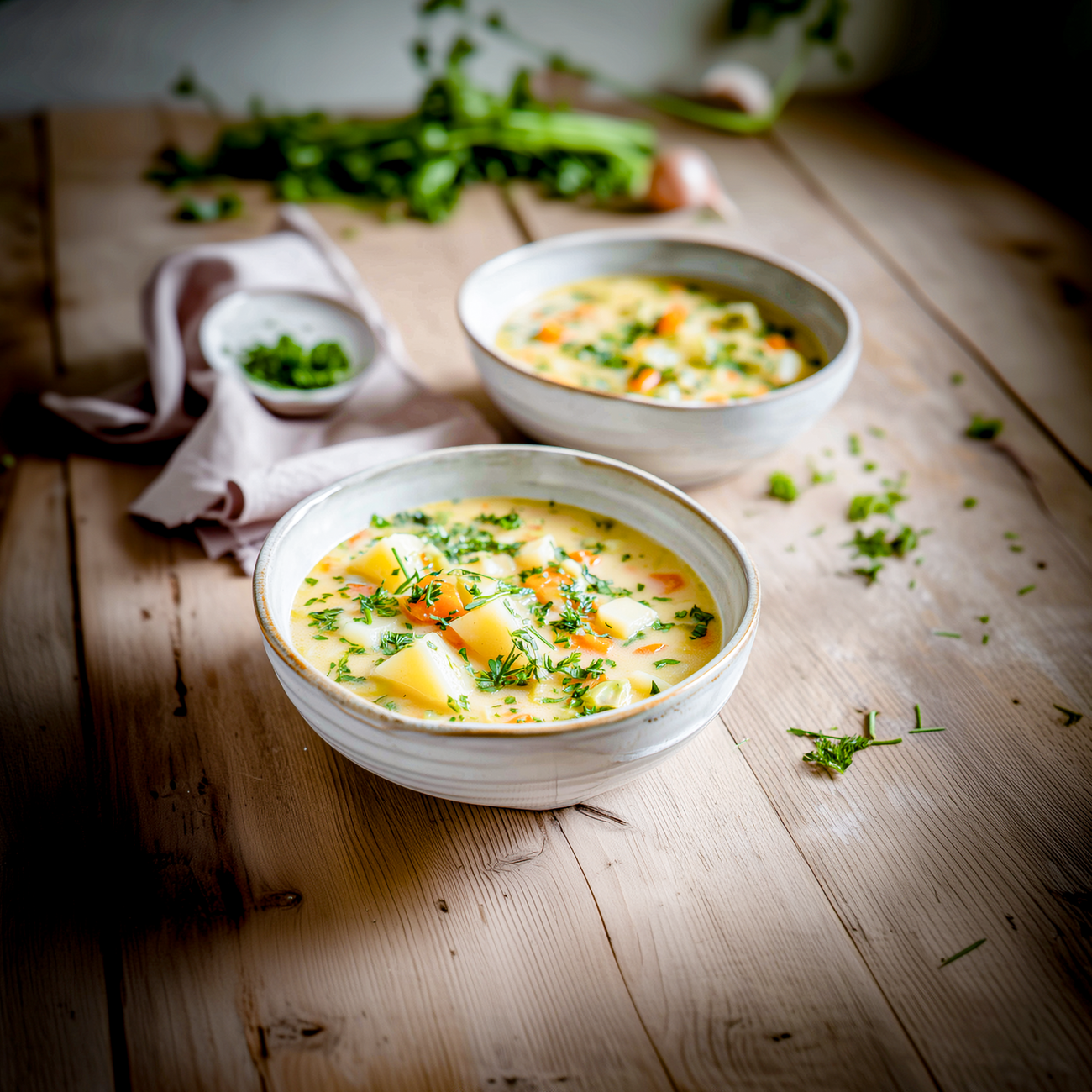 Zwei Schalen cremige Gemüsesuppe mit Kartoffeln und Kräutern auf einem rustikalen Holztisch angerichtet.