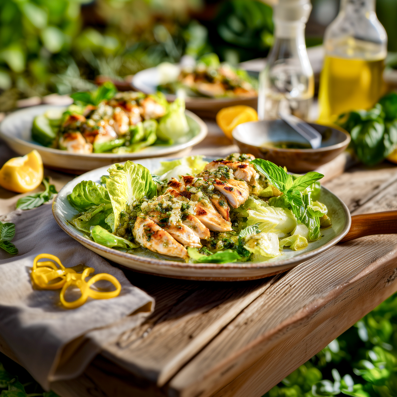 Gegrillte Hähnchenstreifen auf grünem Salat mit Kräutersoße, serviert auf einem Holztisch im Freien