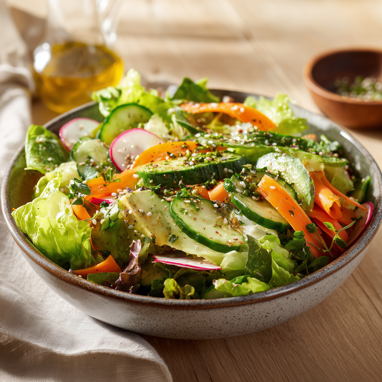 Frischer gemischter Salat in einer Schüssel mit Gurke, Karotte, Radieschen, Blattsalat und Kräuterdressing