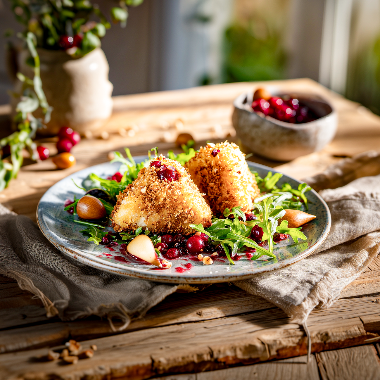 Zwei panierte Käseecken auf Rucola mit Preiselbeeren und Birnenstücken, angerichtet auf einem rustikalen Teller