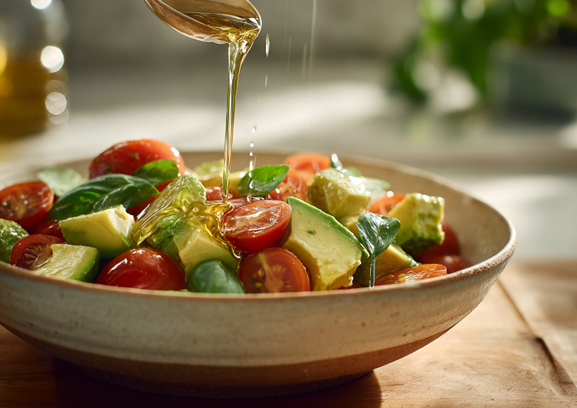 Salat mit Avocado, Tomaten und Basilikum in einer Schüssel, während Öl aus einem Löffel darüber gegossen wird.