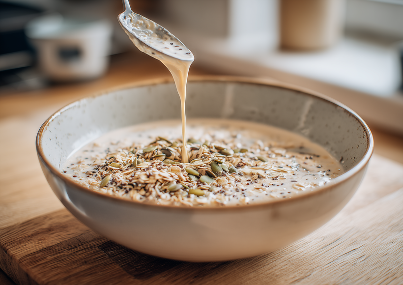 Eine Schüssel mit Müsli und Milch steht auf einer Holzarbeitsfläche. Ein Löffel hebt die Milch leicht an, während sie zurück in das Müsli fließt.