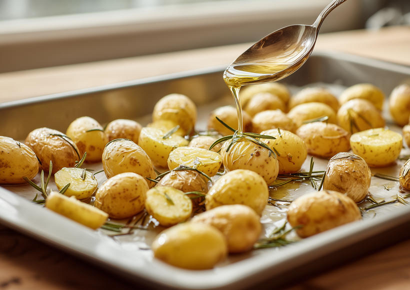 Kleine Kartoffeln mit Rosmarinnadeln liegen auf einem Backblech, während Öl aus einem Löffel darüber geträufelt wird.