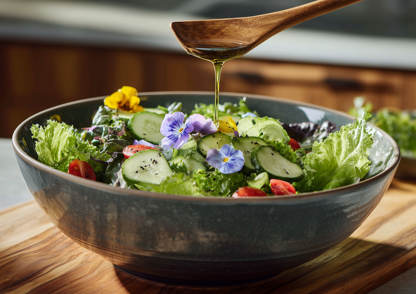 Gemischter Salat mit Gurkenscheiben und Tomaten in einer Schüssel, während ein Löffel goldenes Öl darüber gießt.