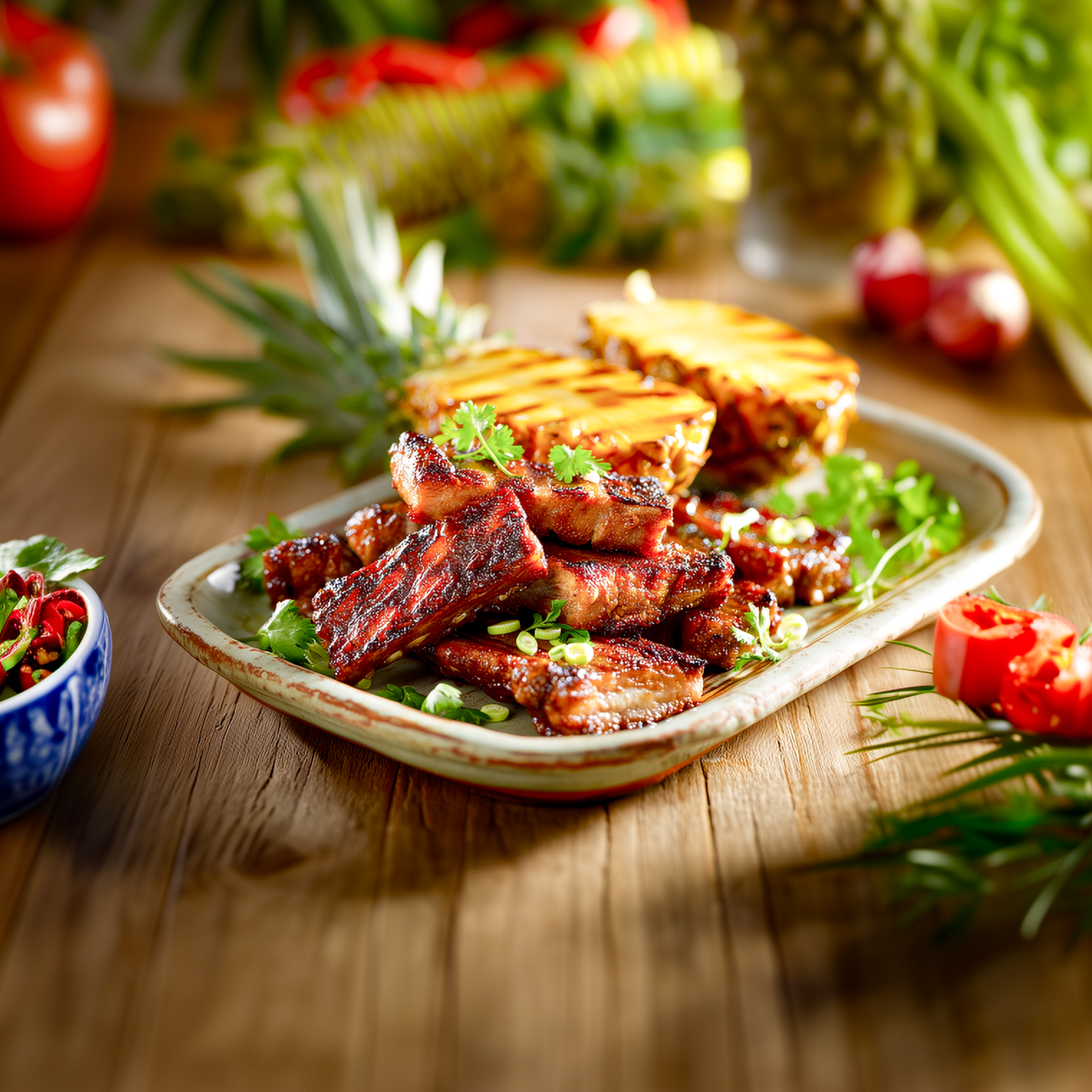 Gegrillte Fleischstücke mit frischen Kräutern und gegrillter Ananas auf einer Platte aus Keramik.