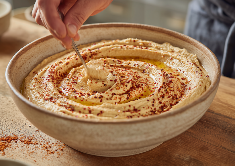 Eine Schüssel mit cremigem Hummus steht auf einer Holzarbeitsfläche. Eine Hand taucht einen Löffel in den Hummus, der mit Olivenöl und Gewürzen garniert ist.