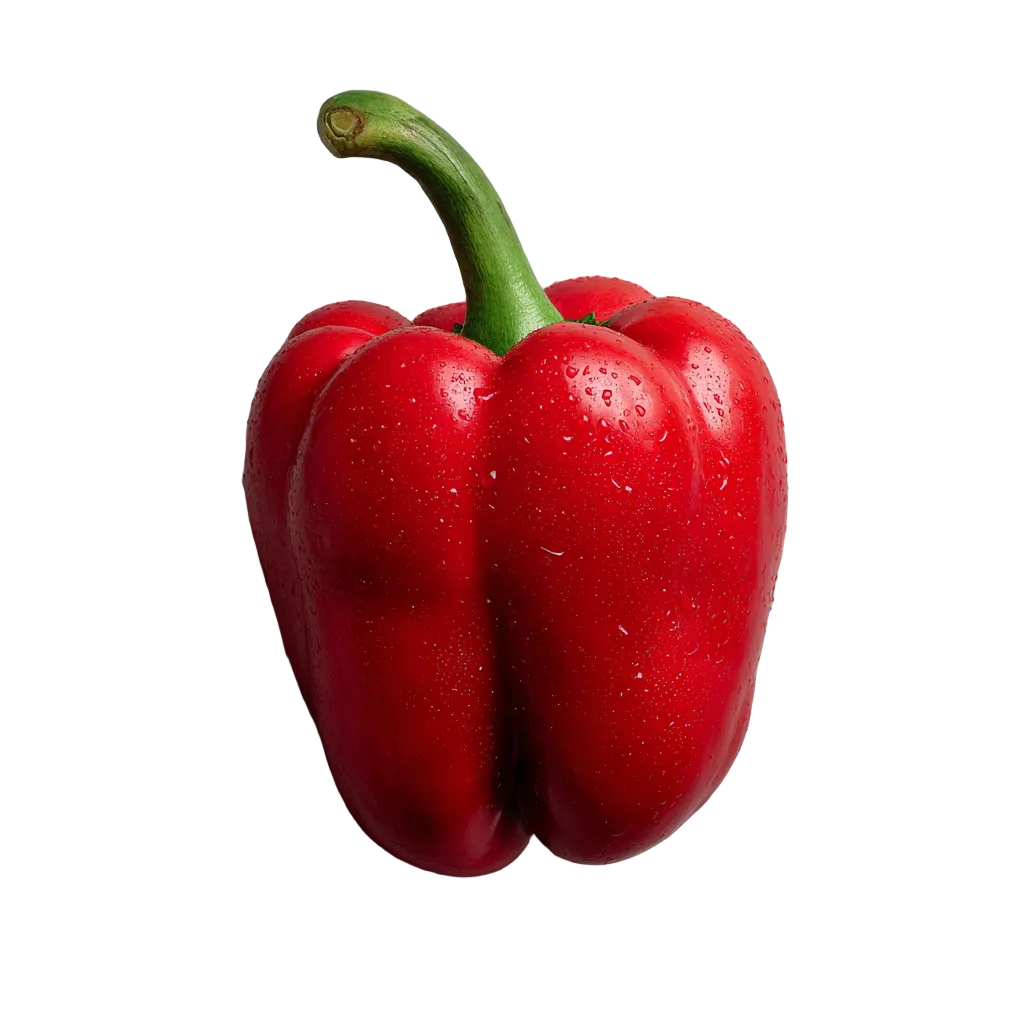 Frische rote Paprika mit grünem Stiel und Wassertropfen, freigestellt auf schwarzem Hintergrund.