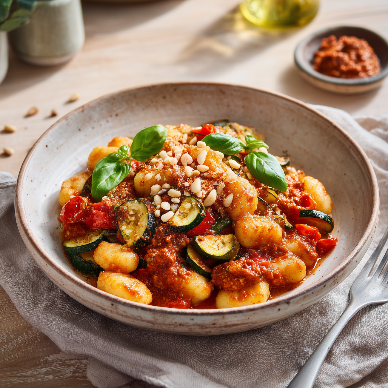 Schale mit Gnocchi in Tomatensoße, Zucchini, Kirschtomaten, Basilikum und Pinienkernen auf gedecktem Tisch