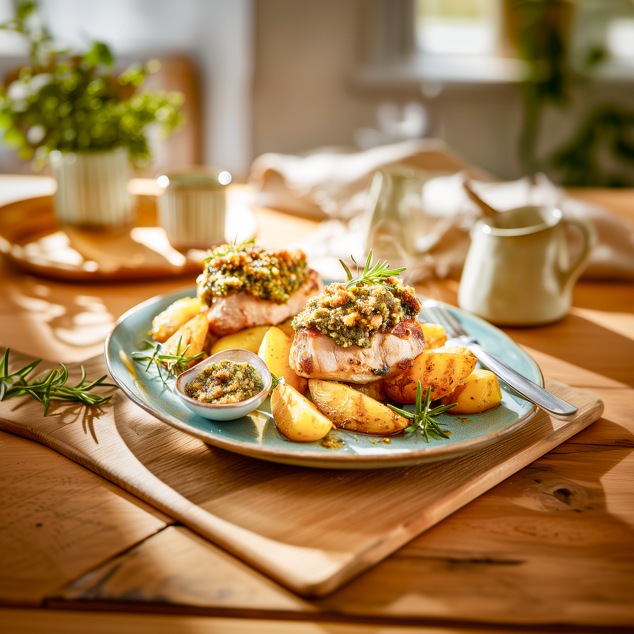Gegrillte Hähnchenstücke mit Kräuterkruste und Ofenkartoffeln auf einem Teller in warmer Küchenszene