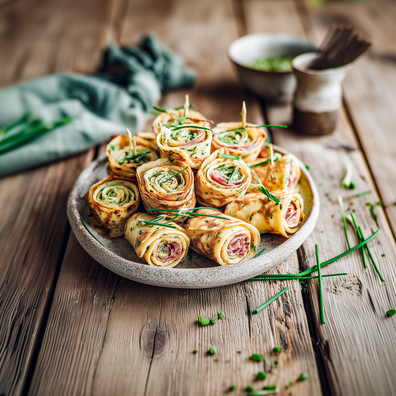 Teller mit herzhaften Crêpe-Röllchen mit Frischkäse, Schinken und Schnittlauch auf rustikalem Holztisch