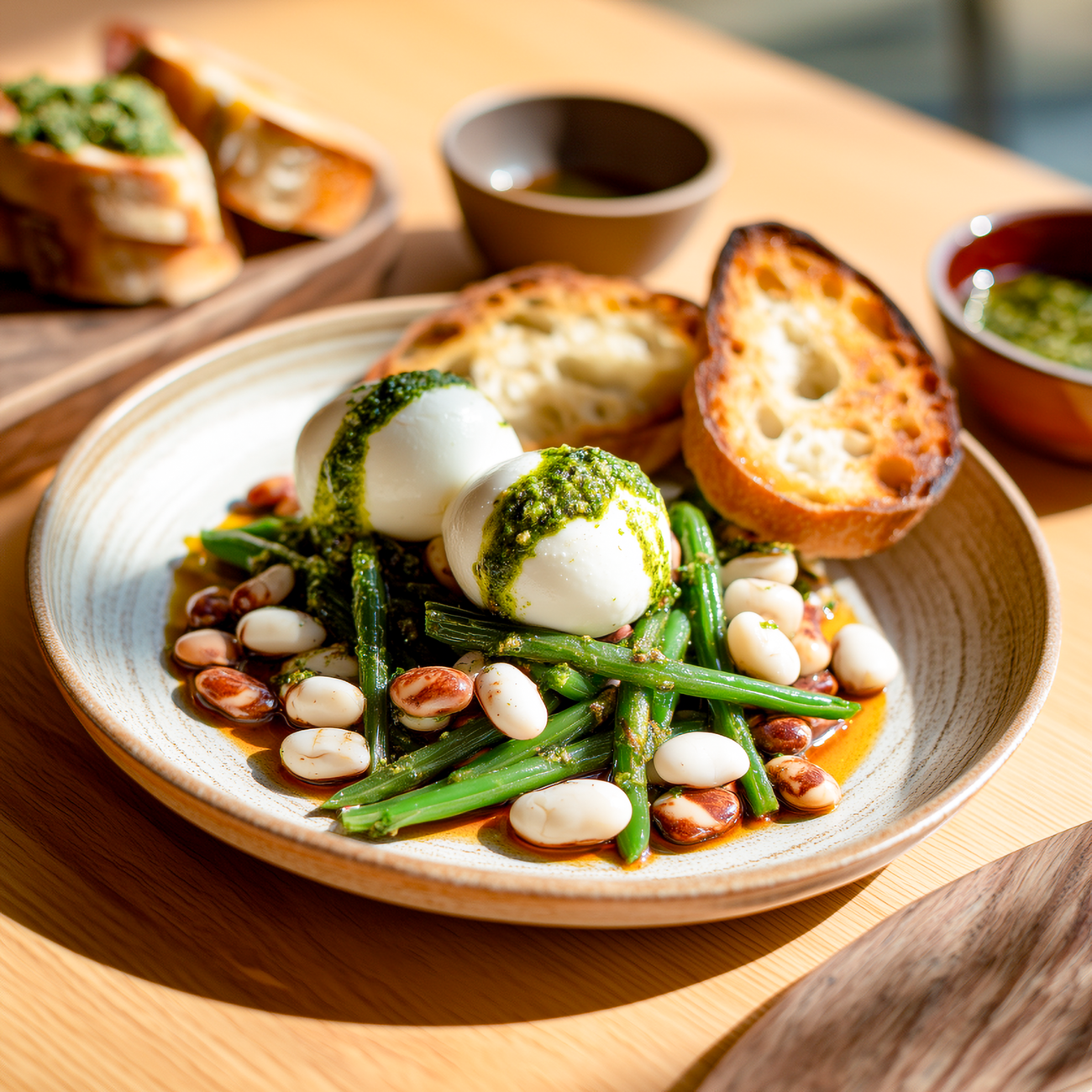 Teller mit Burrata, grünen Bohnen, weißen Bohnen und geröstetem Brot, serviert mit grüner Sauce im Sonnenlicht