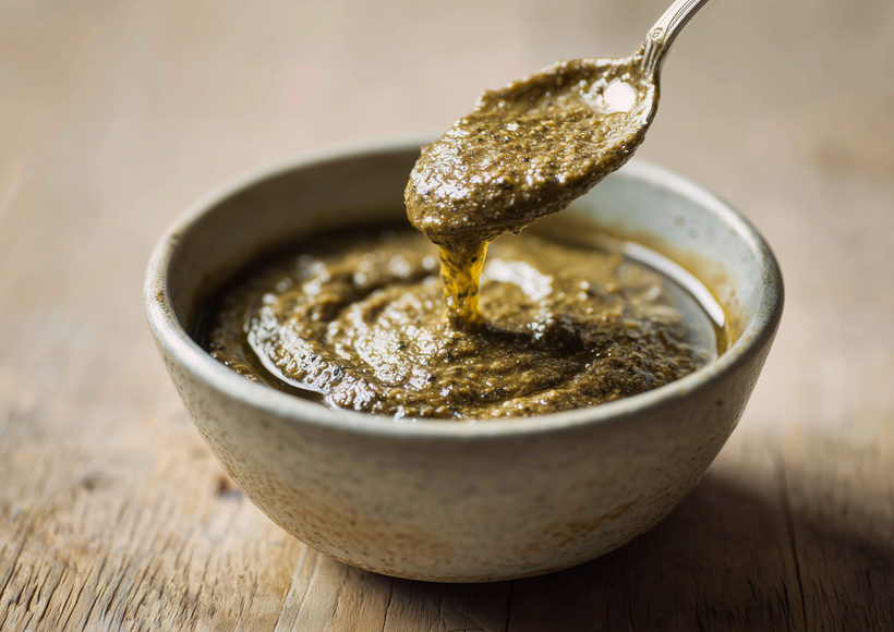 Eine kleine Schüssel mit dickflüssigem braunem Pesto Funghi steht auf einer Holzarbeitsfläche. Ein Löffel hebt die Soße an, während sie langsam zurück in die Schüssel tropft.