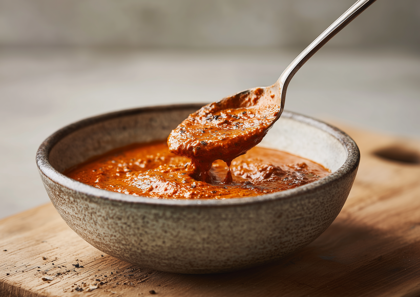 Eine Schüssel mit rotem Pesto Rosso steht auf einer Holzarbeitsfläche. Ein Löffel hebt die Soße an, während sie langsam zurück in die Schüssel tropft.