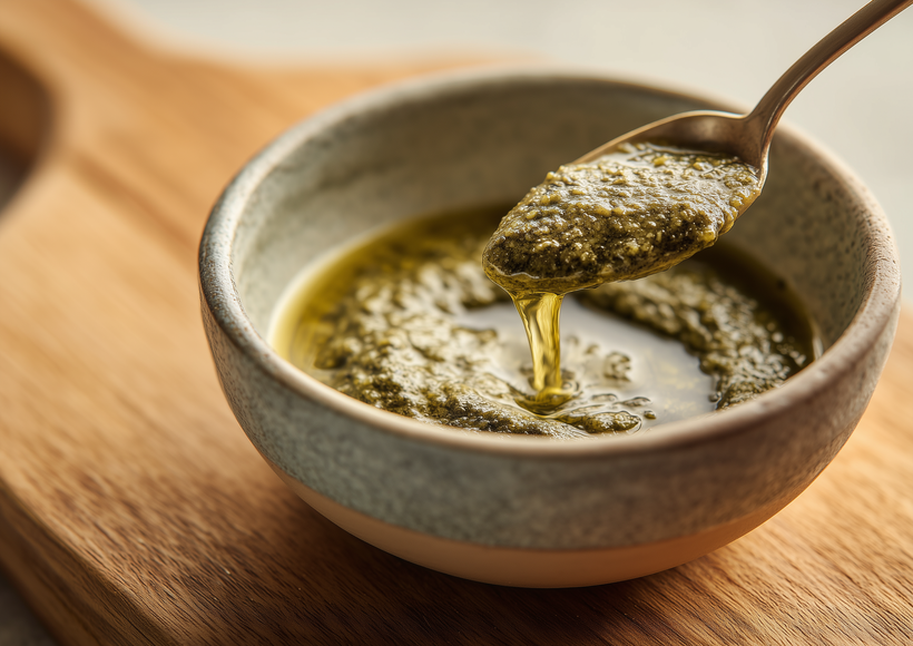 Eine Schüssel mit grünem Pesto-Verde steht auf einer Holzarbeitsfläche. Ein Löffel hebt das Dressing an, während es langsam zurück in die Schüssel fließt.