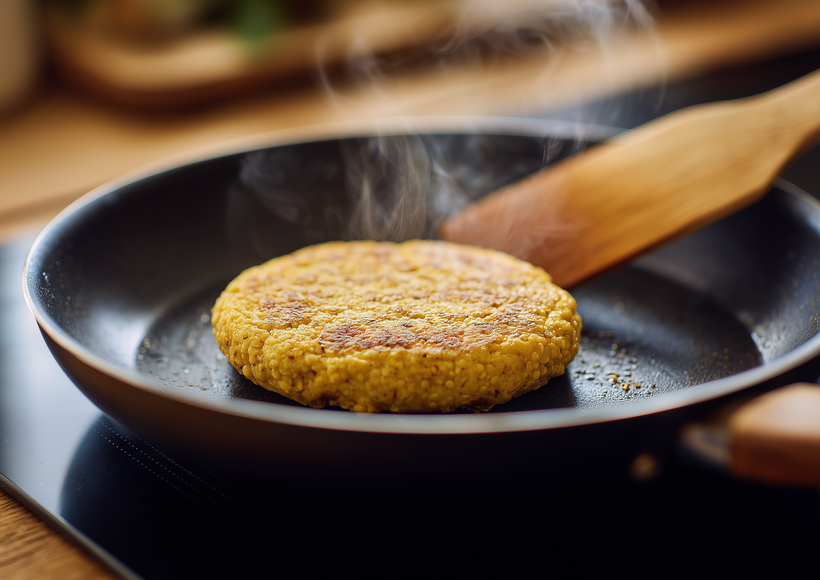 Ein vegetarischer Bratling wird in einer Pfanne auf einem Herd angebraten. Ein Holzspatel liegt daneben, während Dampf vom heißen Bratling aufsteigt.