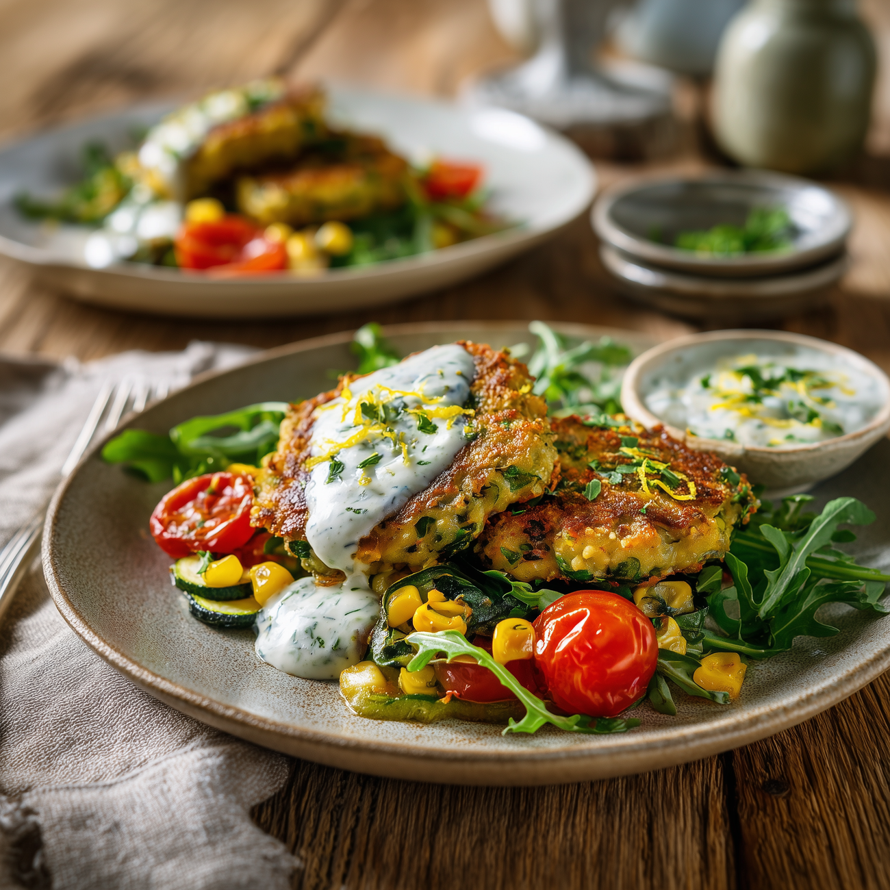 Goldbraune Gemüsebratlinge auf Salat mit Tomaten, Mais und Kräutersoße auf einem Teller serviert