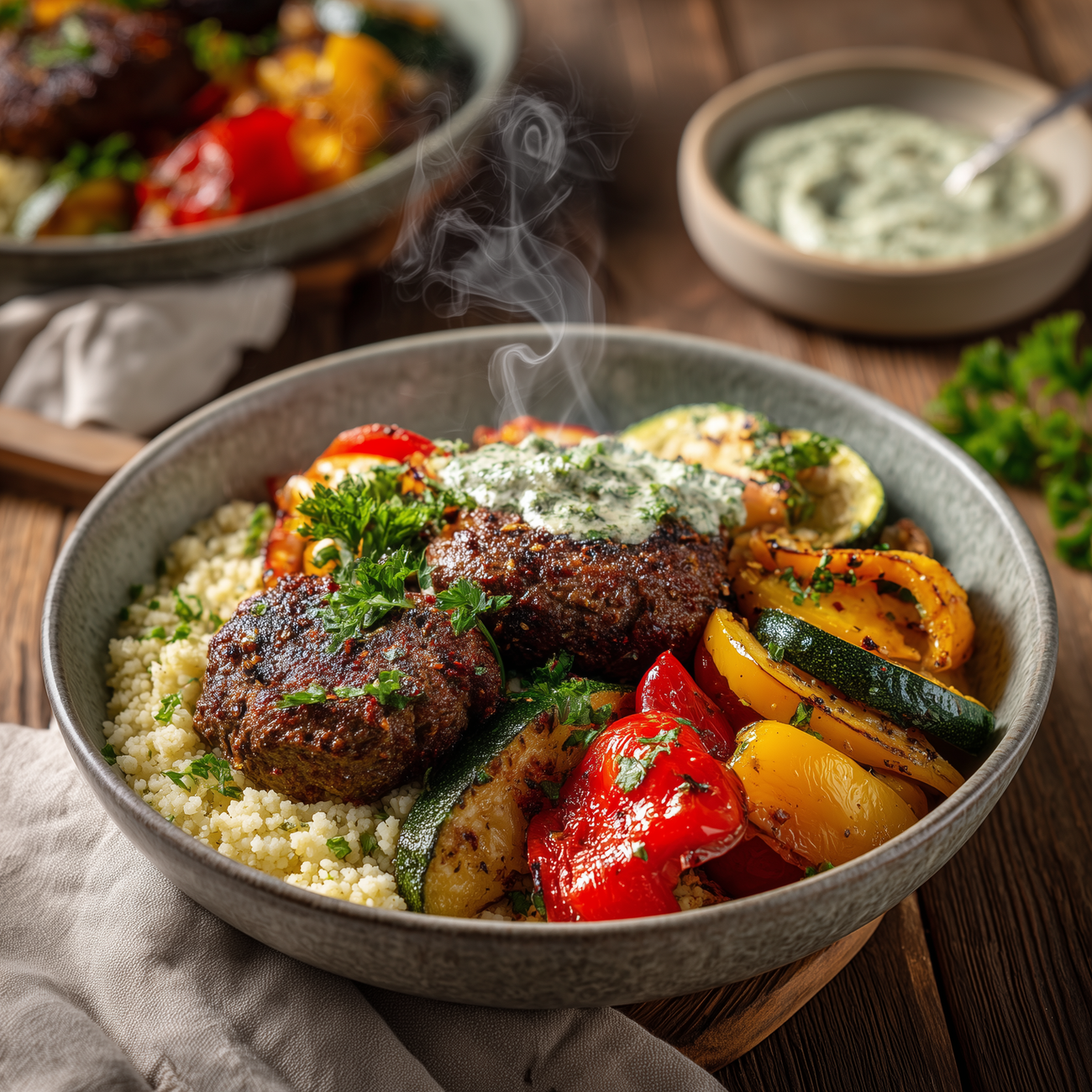 Schale mit Couscous, gegrilltem Gemüse und würzigen Fleischröllchen mit Kräutersoße, heiß serviert