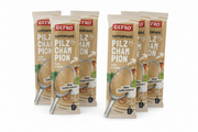 Sechs Packungen GEFRO Suppenpause Pilz Champignon, cremige Suppe ohne Zuckerzusatz, vor weißem Hintergrund