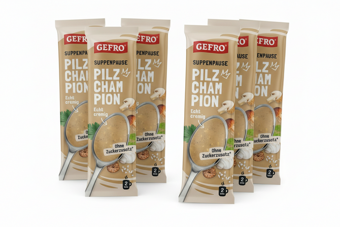 Sechs Packungen GEFRO Suppenpause Pilz Champignon, cremige Suppe ohne Zuckerzusatz, vor weißem Hintergrund