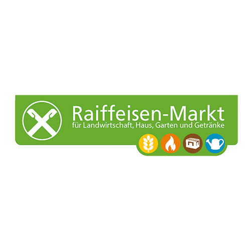 Grünes Logo von Raiffeisen-Markt mit Schriftzug und Symbolen für Landwirtschaft, Haus, Garten und Getränke