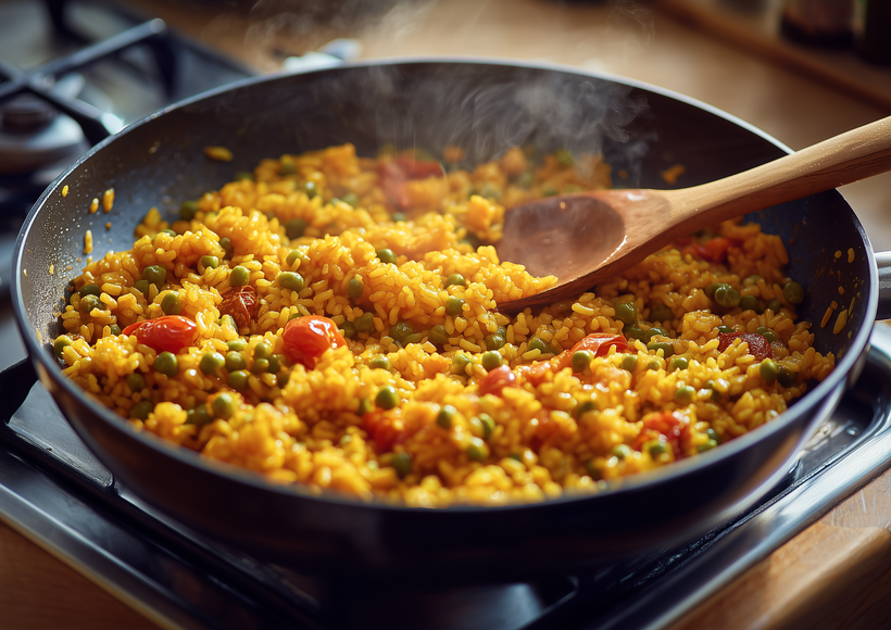 Reisgericht mit Erbsen und kleinen Tomaten wird in einer Pfanne auf dem Herd mit einem Holzlöffel umgerührt.