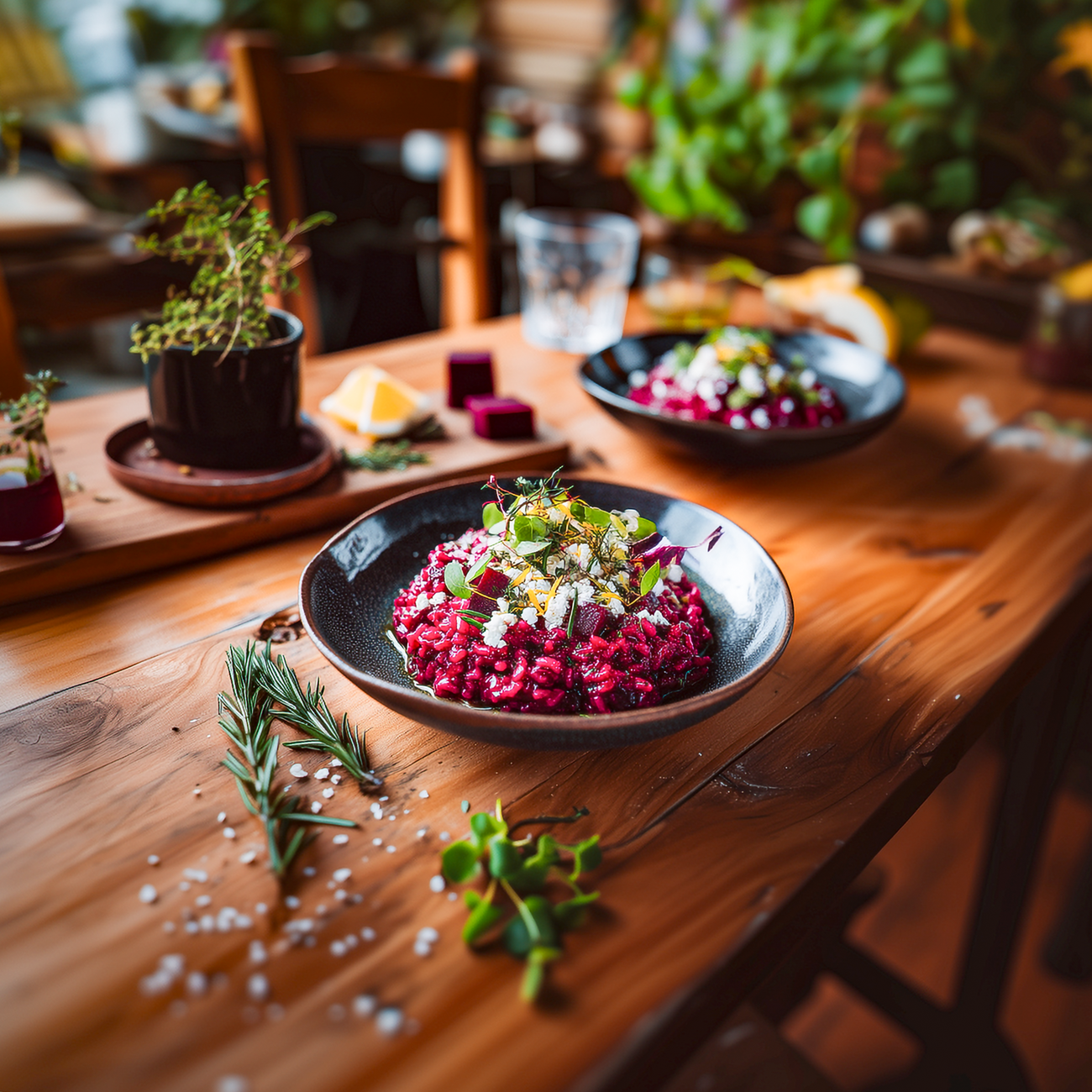 Rote-Bete-Risotto in schwarzer Schale auf Holztisch, garniert mit Kräutern, Käse und frischen Sprossen