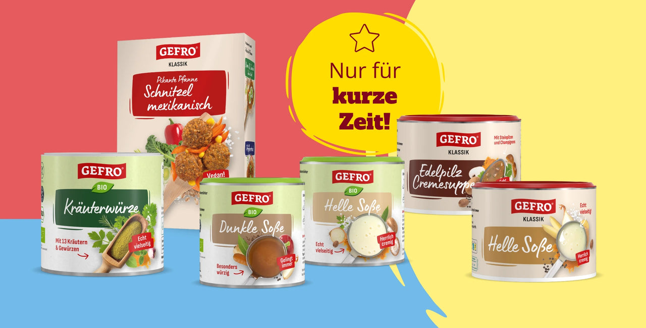 „Werbebanner mit einem GEFRO Deal-Bundle aus Pikante Pfanne Schnitzel mexikanisch, Bio Kräuterwürze, Edelpilz Cremesuppe, Klassik Heller Soße, Bio Heller Soße und Bio Dunkler Soße sowie dem Hinweis „Nur für kurze Zeit“.“
