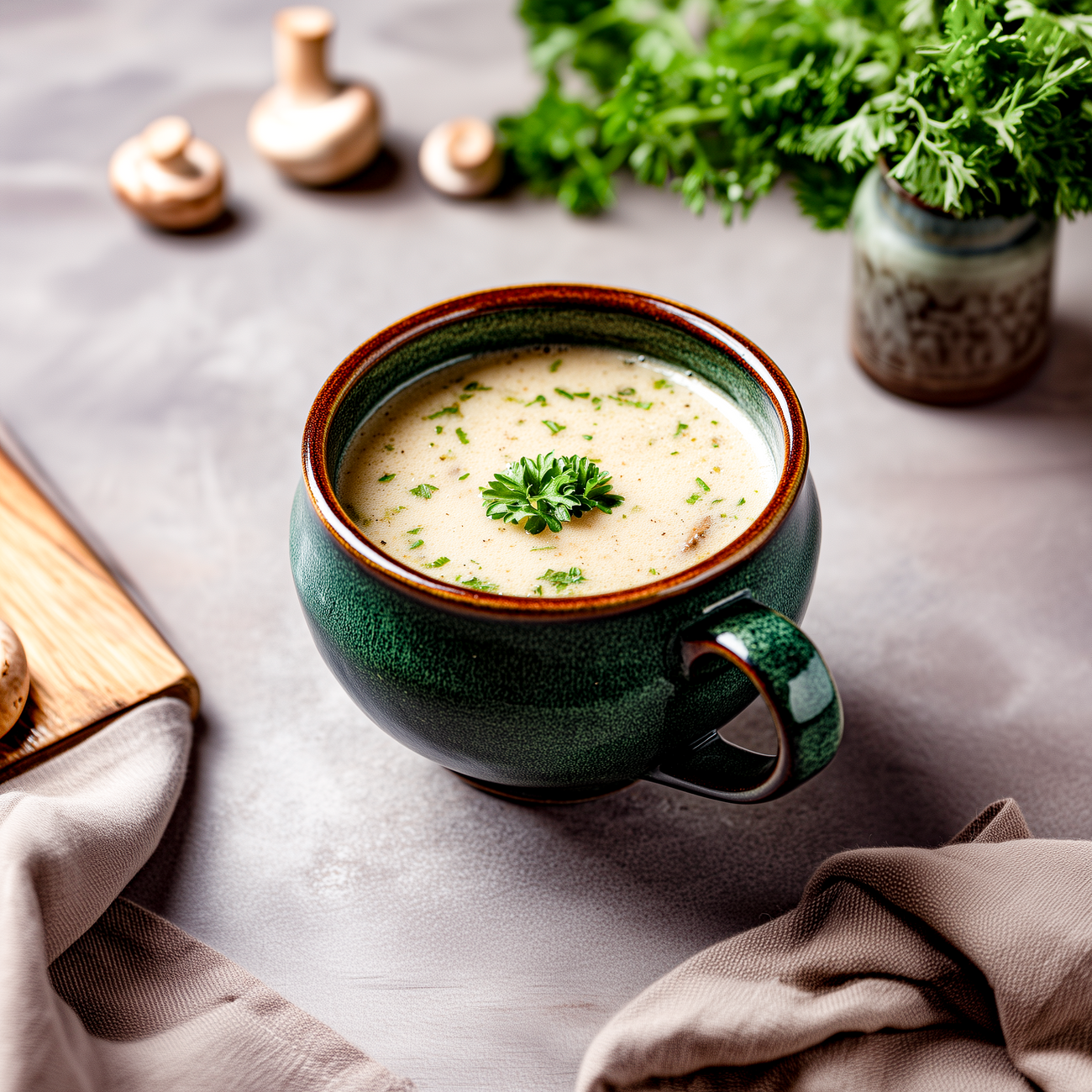 Cremige Pilzsuppe in grüner Keramiktasse, garniert mit Petersilie, auf gedecktem Tisch mit frischen Kräutern.