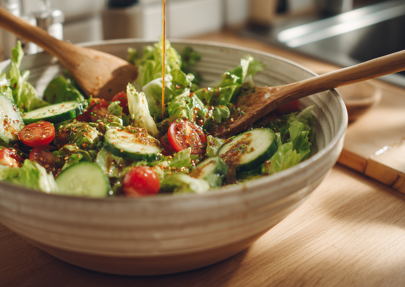Gemischter Salat mit Gurkenscheiben und Tomaten wird in einer Schüssel mit Dressing übergossen und mit Holzlöffeln gemischt.