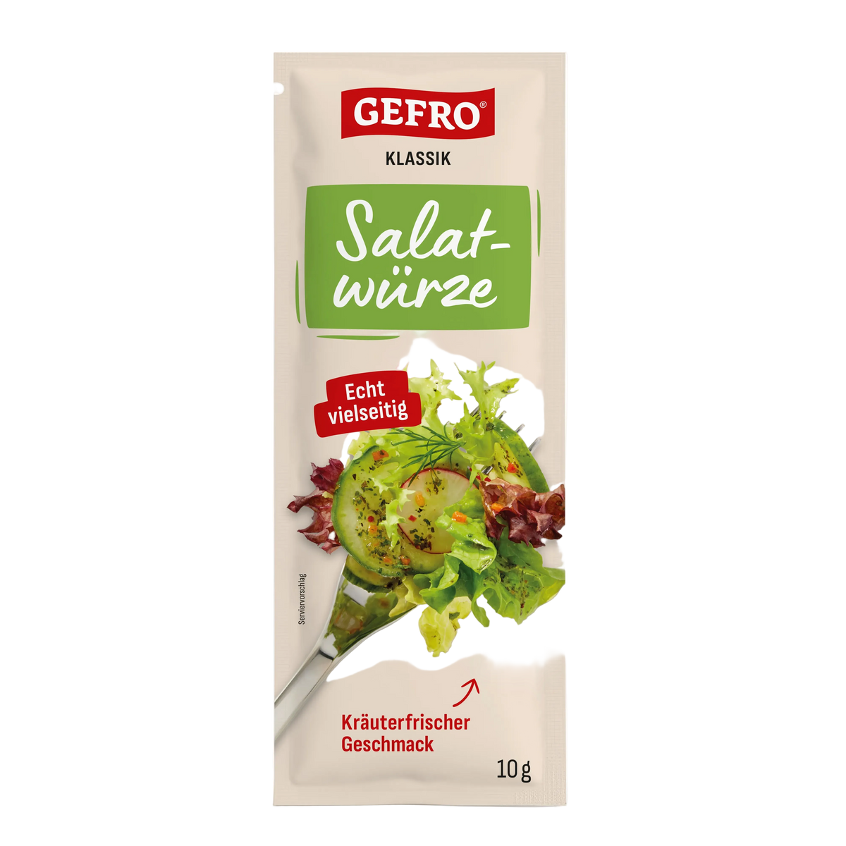 Beutel GEFRO Klassik Salatwürze, 10 g, mit Abbildung eines gemischten Salats auf heller Verpackung.