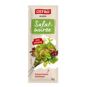Beutel GEFRO Klassik Salatwürze, 10 g, mit Abbildung eines gemischten Salats auf heller Verpackung.