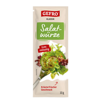 Beutel GEFRO Klassik Salatwürze, 10 g, mit Abbildung eines gemischten Salats auf heller Verpackung.