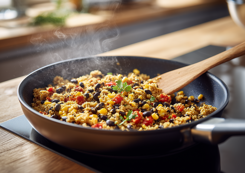 Eine Pfanne mit Pikante Pfanne mexikanisch, Kidney-Bohnen, Mais und Paprikastücken steht auf einem eingeschalteten Kochfeld. Das Gericht wird mit einem Holzlöffel umgerührt, während Dampf aufsteigt.